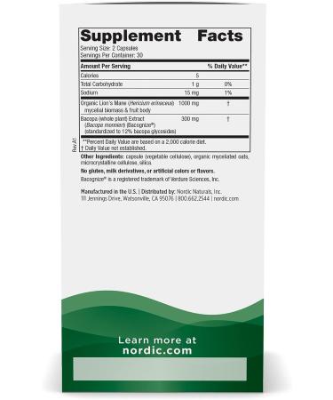 Nordic Naturals Cognition Mushroom Complex - 60 Capsules - Brain Memory & Mood Support with Lion's Mane Mushroom & Bacopa Extract - Vegan & Non-GMO - Buy Online on GoSupps.com