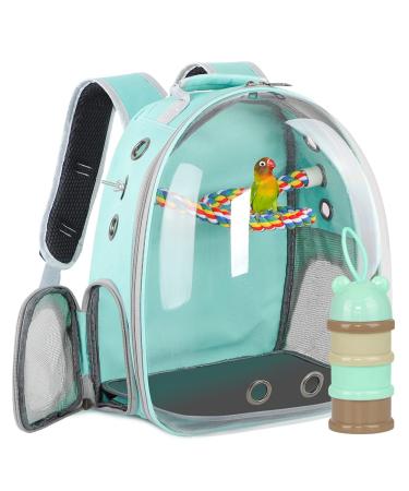 Green Bird Backpack Carrier with Portable Bird Feeder Cups, Pet Bubble Carrier for Pet Birds, Airline-Approved, Ventilate Transparent Space Capsule Carrier Backpack for Travel, Hiking and Outdoor Use