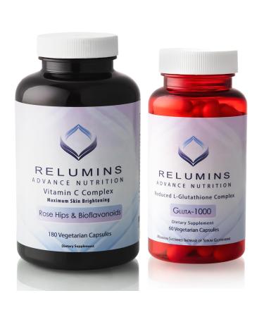 Relumins Glutathione and Vitamin C Brightening Bundle 1000mg Reduced Glutathione Complex with Alpha Lipoic Acid & Rose HIPS (60 Capsules) + Advanced Vitamin C MAX Skin Brightening Complex with Rose