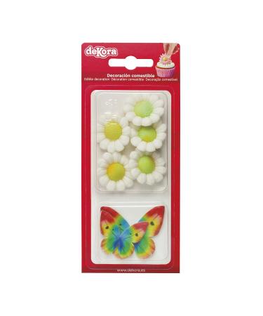 Dekora - Box of 5 White Sugar Flowers and 4 Multicoloured Wafer Butterflies - Edible Cake Toppers - Sugar Cake Decoration for Birthday Cakes