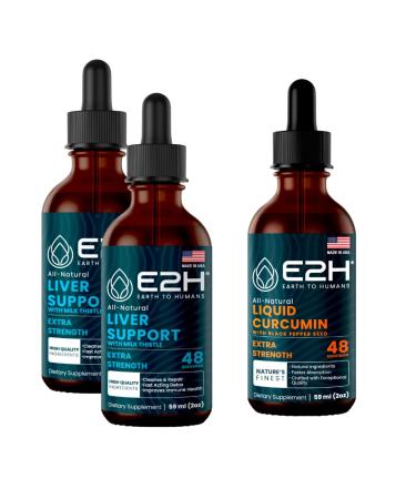 E2H: Liver Support Supplement (2 Pack - 4 Fl Oz) and Liquid Turmeric Curcumin (Single Bottle - 2 Fl Oz) | Vegan Non-GMO - (6 Fl Oz Total) - Bundle