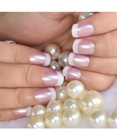 Elevenail Glossy Pearl Pink White French False Nails - Medium Short Squoval Press on Nails for Women and Girls - Christmas Nail Art Tips Gift - Buy Online on GoSupps.com