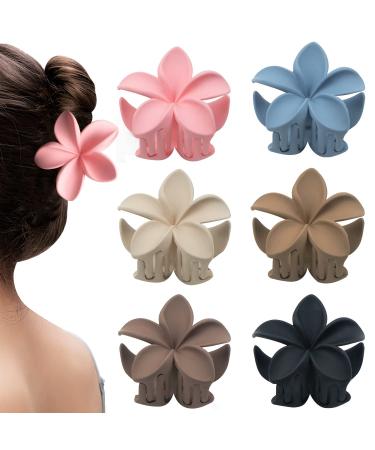 Mevnccola 6 Pack Flower Claw Clips for Women and Girls 2.8 Inch Medium Hair Claw Clips for Thick and Thin Hair Strong Hold Cute Matte Flower Hair Clips 6 Colors Non-Slip Jaw Clips Black Brown Beige Khaki Blue Pink