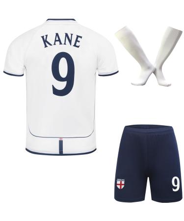 Hawkara Limited England #9 Kane Home Soccer Kids Jersey Edition Shorts Socks Set Youth Sizes White 26 / 152 (8-9 years)