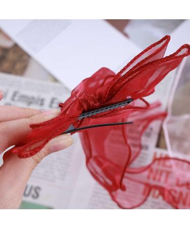 Allereya Vintage Long Silk Bow Hair Clip Barrette Ribbon Mesh Bow Head Clip Headwear Red Chiffon Bowknot Headpieces Silk Bow Hair Accessories for Women and Girls (Red) - Buy Online on GoSupps.com