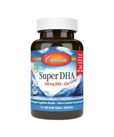 Carlson - Super DHA Gems 500 mg DHA Supplements 640 mg Fatty Acids Wild-Caught Norwegian Arctic Fish Oil Concentrate Sustainably Sourced Nordic Fish Oil Capsules 60+20 Softgels Unflavored 60 + 20 Soft Gels