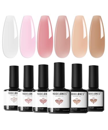Modelones Gel Nail Polish Set 6 Colors Transparent Jelly Gel Polish Kit Sheer Pink Nude Milky White Nail Polish Gel Soak Off LED Gel Nail Kit DIY Nail Art Salon Manicure Gifts for Women Girls Jelly Nude