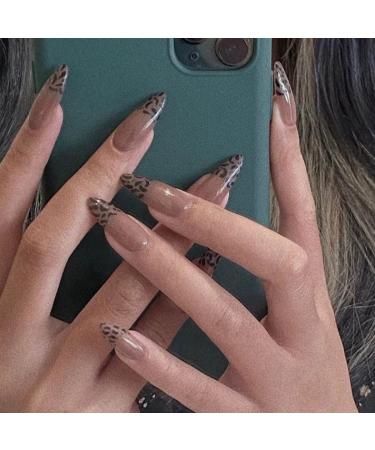 Sethexy medium shiny stilett false nails pink French acrylic art nail tip 24st leopard nails with glue complete cover press fake nails for women and girls