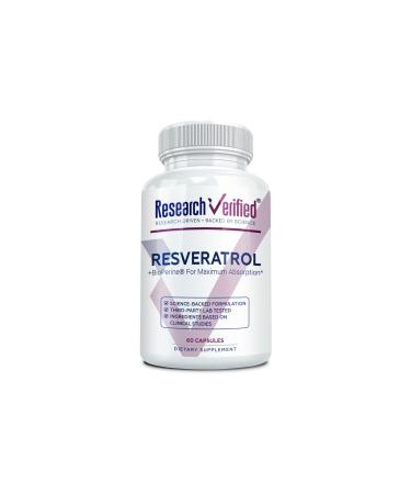 Research Verified Resveratrol - 98% Trans-Resveratrol 1000 mg Anti-Aging Support - 1 Bottle - 60 Capsules 60 Count (Pack of 1)