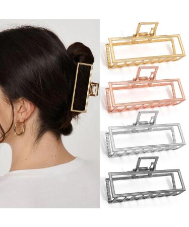 Square Claw Hair Clips for Women - Set of 4 | Large Rectangle Banana Clips in Rose Gold, Black, Silver, Gold - 3.5 Inches - Buy Online on GoSupps.com
