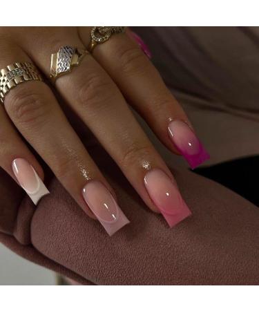 Pack of 24 Long Press On Nails French Fake Nails Full Cover Acrylic False Nails Tips Coffin for Women and Girls French Fake Nails Wedding Nails
