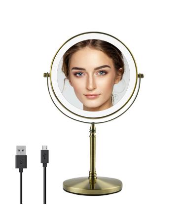 Nicesail Rechargeable Makeup Mirror with Light  Magnifying Mirror with 3 Color Lighting Adjustable Brightness  360 Rotation Double Sided Mirror for Table  Antique Bronze (8 Inch  7X Magnification)