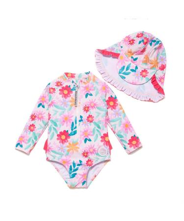 BONVERANO Baby Girls Swimsuit Toddler Bathing Suit Long-Sleeve Zipper One Piece Swimwear with UPF 50+ Sun Protection 6-9 Months Flower - Buy Online on GoSupps.com