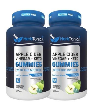 Herbtonics Keto Apple Cider Vinegar Gummies - Digestion & Detox Support - Sugar Free BHB Advanced Formula for Keto Support - Raw ACV with The Mother - 120 Vegan ACV Gummies 60 Count (Pack of 2)