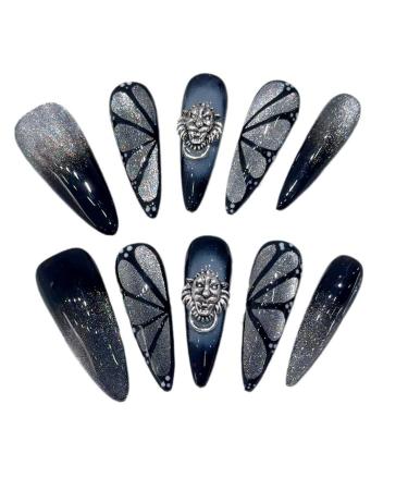 Handmade Wearable Nail Art with Black Butterfly Cat Eye Design - Detachable Fake Nails for Nail Art Enthusiasts(S)