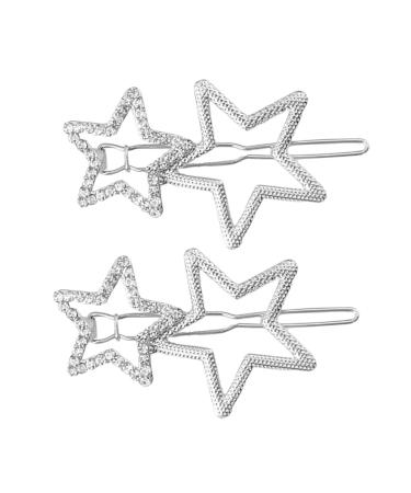 2Pcs Hollow Star Hair Clips  Non-Slip Metal Geometric Hairpin  Elegant Rhinestone Hair Barrettes for Women Lady Girls Styling Hair Accessories (Silver) A.Silver