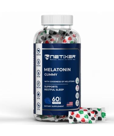 nETiXER Melatonin Gummies 60 Count 10 mg Melatonin per Gummy Blackcurrant Flavor Vegan Gelatin-Free Gluten-Free Individually Wrapped No Artificial Colors
