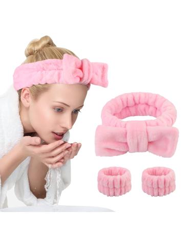 UNIMEIX 3 Pack Spa Headband and Wrist Washband Face Wash Set Reusable Soft Makeup Headband Fleece Skincare Headbands for Washing Face Shower (Pink)