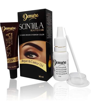 Demure Eyebrow Dye Kit Professional Formula Brow Tint - contains Argan Oil & Castor Oil (Omega 6 Carotene Vitamins F) Fast and Safe Results (1.0 Black)