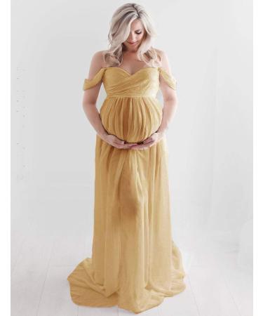 FEOYA Maxi Maternity Dress | Chiffon Lace Strapless Gown with Split Front | Full Length Yellow Maternity Photography Dress - Buy Online on GoSupps.com