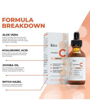 KIZZ Vitamin C Serum with Hyaluronic Acid, Vitamin E, Aloe & Jojoba Oil - Brightens and Moisturizes Skin, Reduces Fine Lines and Wrinkles - 2 fl. Oz - Buy Online on GoSupps.com
