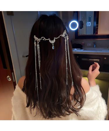 Chinese Retro Tassel Headpiece for Women - Rhinestone Festival Hairpin with Crystal Water Drop Tassels and Face Curtain Eyebrow Pendant in Silver - Buy Online on GoSupps.com