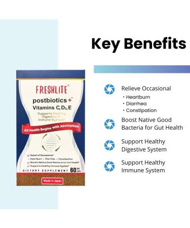Premium Digestive Supplement | Plant-Based Postbiotics & Vitamins C D3 E for Gut Health | Vegan Capsules for Acid Reflux IBS & Heartburn | 60 Count - Made in Japan - Buy Online on GoSupps.com