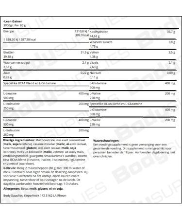 Body Supplies Lean Gainer 3000gr Vanille - Buy Online on GoSupps.com