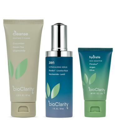 BioClarity 3-Step Ultra Calming Routine for Redness-Prone Skin | 100% Vegan | Gentle Clean and Hydrate Face | Contains Cucuber Green Tea Chamomile Floralux Vitamin B3 Lentil Argan Olive