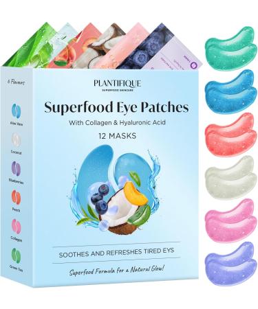 Plantifique Superfood Under Eye Masks Anti Wrinkle 12 Pairs Under Eye Patches with Hyaluronic Acid Green Tea Collagen for Dark Circles and Puffiness - Puffy Eyes Skincare Gel Patches for Women & Men
