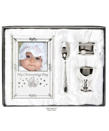 Beautiful Boxed Silver Plated Christening Day Gift Set - 4-Piece Includes Egg Cup Spoon Baby Photo frame Napkin Ring in Presentation Gift Box.