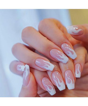 Herbests 24 pieces flame artificial false nails french ballerina long fake nails tips fingernails acrylic press on nail tips art full coffin nails tips for women girls