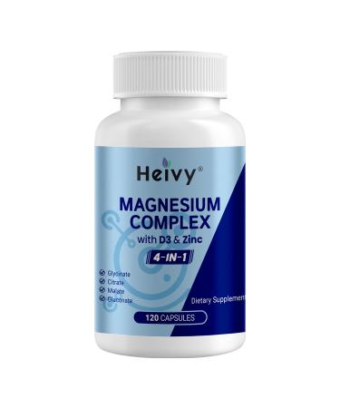 Heivy 4 in 1 Magnesium Complex with Zinc & Vitamin D3, 320mg Elemental Magnesium (Glycinate/Citrate/Gluconate/Malate), 120 Capsules (4 Months Supply), Vegan, Non-GMO, Gluten-Free, 3rd Party Tested