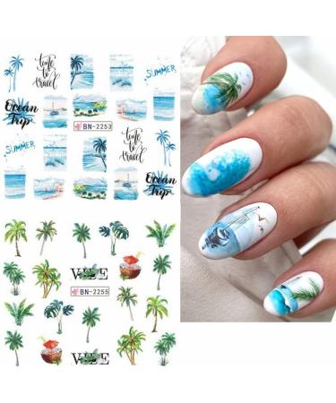 Seaside Series Nail Art Stickers - Green Coconut Palm Beach Design - Summer Holiday Decorations - DIY Nail Art Supplies - Buy Online on GoSupps.com
