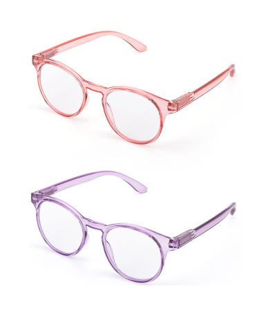 Lanlang 2er-pack Blue light filter reading glasses for women with 2 fashion colors anti-eyestrain anti-UV reading glasses with 0-3.5 dioptria Transparent pink/transparent purple round frame Transparent pink/transparent purple 1.0 Dioptries
