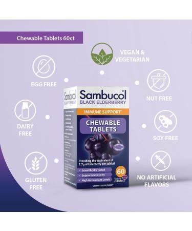 Sambucol Black Elderberry Chewable Tablets with Vitamin C - 60 Count | Immune Support for Kids & Adults | Gluten-Free & Vegan - Buy Online on GoSupps.com