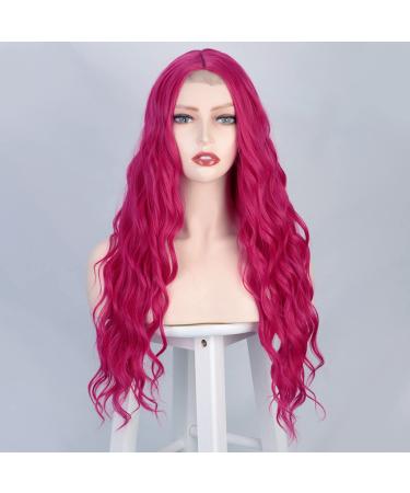 gdy Hot Pink Halloween Christmas New Year Cosplay Long Curly Wig  24 inch Heat Resistant Synthetic Wig Lace Wig  Middle Part Water Ripple Wave Wigs for women Party Wigs Daily Use Wigs hot pink curly wigs