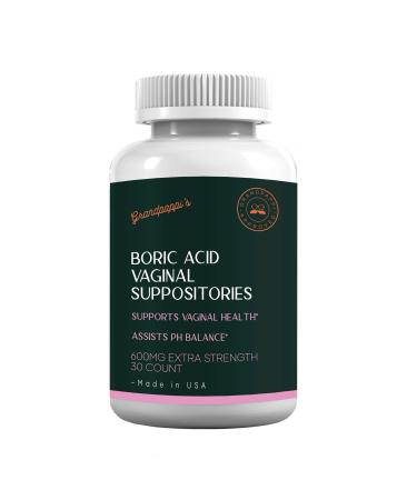 Grandpappi Boric Acid Vaginal Suppositories - 600mg Extra Strength - Womens Natural pH Balance 30 Vegan Capsules