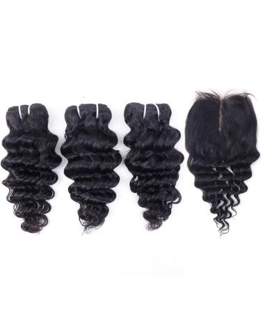 Brazilian Deep Wave Bundles with Closure - 3 Bundles + Lace Closure | Wet and Wavy Human Hair | Middle Part 4x1 Hand-Tied Closure | 10 10 10 + 10 Inch Bundle - Buy Online on GoSupps.com