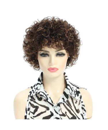 HUA Short Wigs for White Women Real Human Hair Brazilian Curly Human Hair Wigs for White Women Clearance Ombre Highlights Brown Mix Short Hair Styles for Women Over 60 70 Gifts for Mom 150% Density P4/30