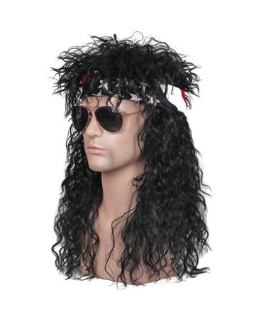 80s Wig with Bandana for Men Long Curly Black Rocker cosplay wig for Halloween