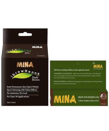 MINA ibrow Henna Semi Permanent Tint Kit Regular Pack with brow Nourishing Oil For Professional Tinting & Coloring, Covers Gray Hair, Stays up to 6 Weeks-(30 applications) Dark Brown with Nourishing Oil