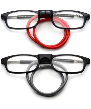 Lanomi Narrow Reading Glasses for Men & Women - Magnetic Closure Light Visual Aid with Elastic Silicone Straps - 2 Pieces Black (Red+Gray Arm) - 2.0x Magnification - Buy Online on GoSupps.com