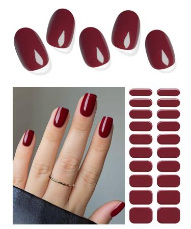 Semi Cured Gel Nail Strips (Dark Red)-20 PCS Wine Red Gel Nail Stickers | Works With UV Light | Gel Nail Wraps Salon Quality & Easy To Use