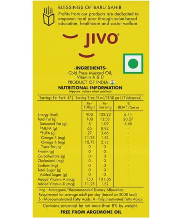 Jivo Wellness Pvt Ltd JIVO Cold Pressed Kachi Ghani Chemical Free Mustard Daily Cooking Oil 1 Liter Recommended for roasting frying baking All types of cuisines Mustard Oil - Buy Online on GoSupps.com