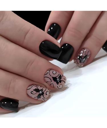 24Pcs Square Press on Nails Short Fake Nails Summer Stick on Nails Black Color False Nails with Butterfly and Vine Designs Cute Acrylic Nails Short Square Glue on Nails for Women & Girls design8