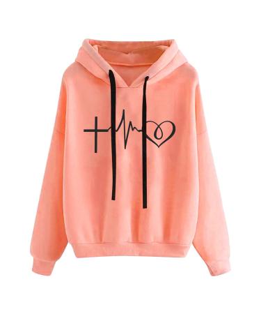 Ganfancp Women Hooded Sweatshirt Winter Lightweight Long Sleeve Loose Hoodies Casual ECG Print Comfy Drawstring Pullover Tops Pink Women Tops 38 XX-Large