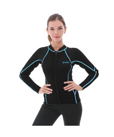 GoldFin Wetsuit Top Womens, 2mm Wetsuit Jacket Long Sleeve Neoprene Tops for Water Aerobics Diving Surfing Swimming 4.Black/Stripes Small