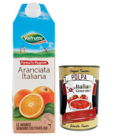 Italian Gourmet E.R. Valfrutta Aranciata Italiana Non-alcoholic refreshing drink Italian orange lemonade 1500 ml + 400 g box Gourmet Italian Polpa di Pomodoro