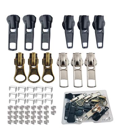 Zipper Repair Kit 5 Sliders with Pull 12 Pcs  Zipper Stops  Replacement Zipper Head Bottom Stop and Top Stop  Fix Zipper On for Repairing Coats Jackets  Metal Plastic and Nylon Coil Zippers.